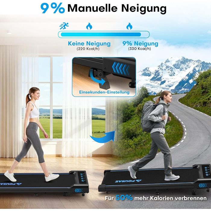 Walking Pad Laufband для дому 4-в-1: біговий стіл з підйомністю 9%, безщітковий двигун 2.5HP, LED-дисплей, пульт дистанційного керування, 12 HIIT-програм, до 150 кг, без встановлення, чорно-синій, з режимом повноекранного відображення