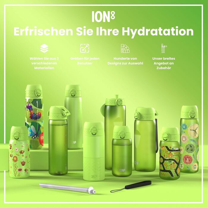 Фляга Ion8 Trinkflasche, Зі зручним клапаном, Безпечна, Легко миється, BPA-Free, З ручкою, З кліпсою, Екологічна, Рожевий (Evo, Хакі)