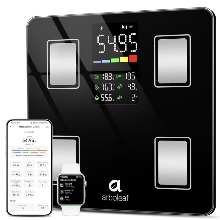 Електронні ваги Arboleaf з визначенням складу тіла, Bluetooth, LED-дисплей, до 180 кг, чорний