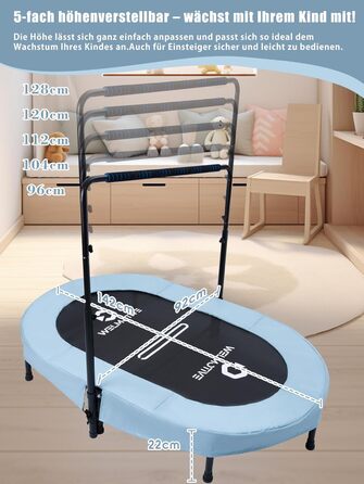 Батут овальний для дому 2 осіб, до 150 кг, синій з ручками - для дітей та дорослих, фітнес, розвиток м'язів