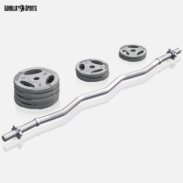 Набір гантелей GORILLA SPORTS 35 кг з SZ-грифом 120 см, чавунні диски 2x1,25 кг, 2x2,5 кг, 4x5 кг, діаметр 30 мм, рифлений хват, 2 замки-зірки
