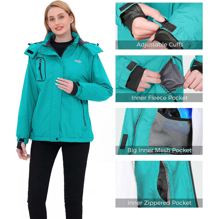 Жіноча гірськолижна куртка Wantdo, тепла флісова куртка, водонепроникна, дихаюча, з капюшоном, вітрозахисна, темно-бірюзова, розмір L