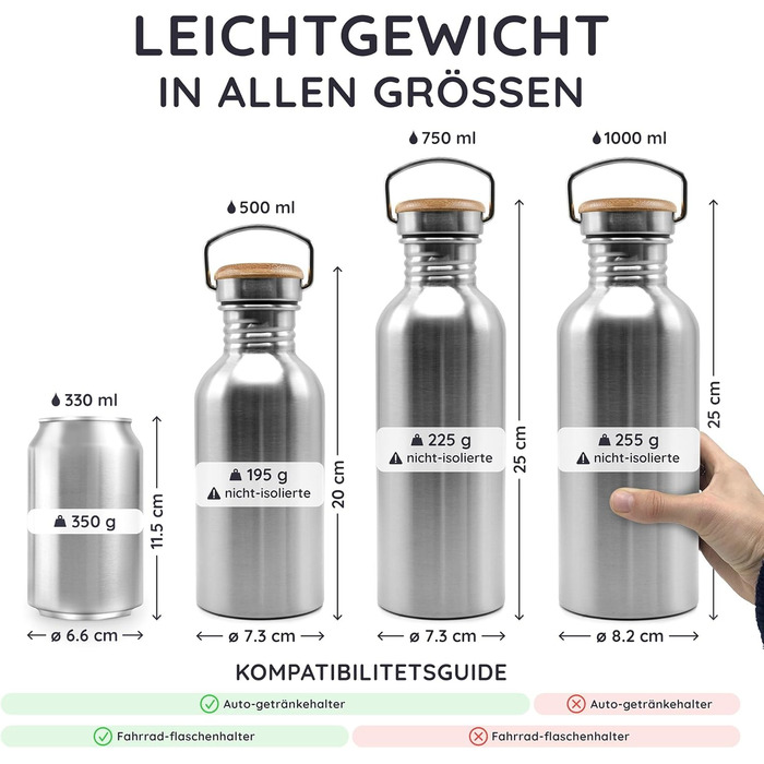 Водафлянка Bambaw з нержавіючої сталі, 1 л | Багаторазова еко-пляшка | Для кемпінгу та походів | Без пластику | Спортивна пляшка, 1000 мл, срібна