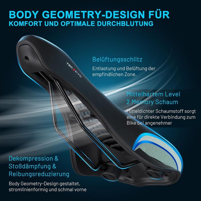 Велосипедне сідло TECHCYC з Memory Foam: комфортне, дихаюче, амортизуюче. Ергономічне сідло з підвіскою для чоловіків та жінок (Mountainbike). Доступно в 3 варіантах.