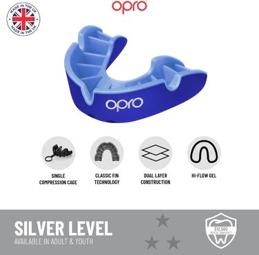 Захисна капа OPRO Silver Level для дорослих та дітей, біло-срібляста, з футляром, для хокею, лакросу, регбі, ММА, боксу, BJJ, з технологією індивідуальної підгонки, юніор (до 10 років)