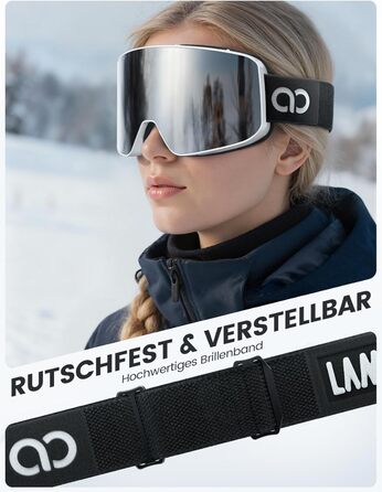 Ламікалл Скі-маска для жінок та чоловіків, сноуборд маска OTG - антизапітніння, дзеркальна, для носіння з окулярами, захист від ультрафіолету UV400, захист від відблисків, білий/срібний каркас (VLT: 8%)