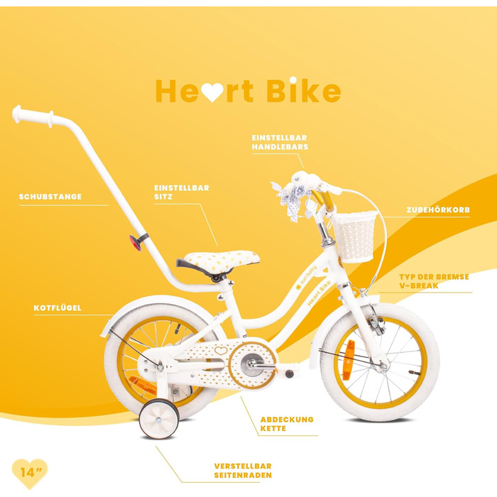 Дитячий велосипед Sun Baby Heart Bike для дівчаток 12/14/16 дюймів, зі знімною ручкою, для дітей 2-6 років