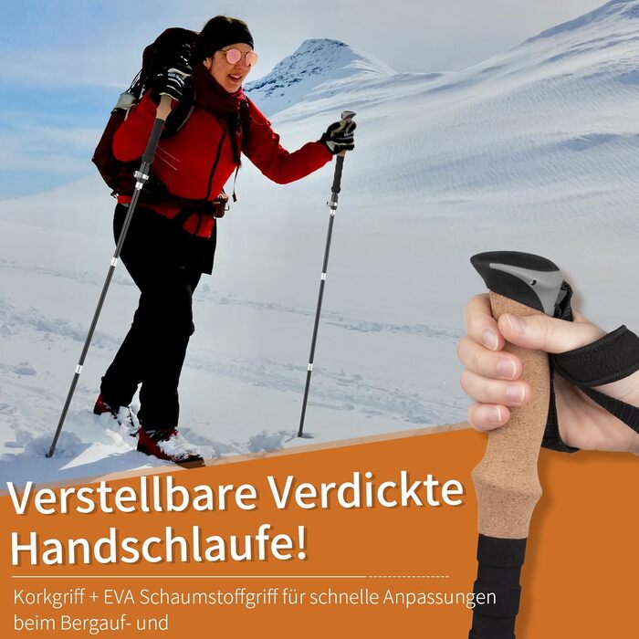 Складні трекінгові палиці для ходьби та трекінгу, телескопічні палиці для жінок та чоловіків, легкий алюміній, регулювання 115-135 см, ручки з корку, 4 гумові накладки