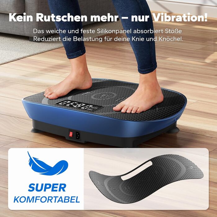 Вібраційна платформа MERACH для формування тіла та розслаблення, тиха та компактна, з LED-дисплеєм, зручним силіконовим покриттям та пультом дистанційного керування (блакитна)