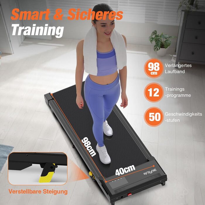 DH FitLife 2026 Walking Pad: Безшумне ходункове тренажерне обладнання з регулюванням нахилу до 6% | Для дому та офісу | З керуванням через APP | TÜV geprüft
