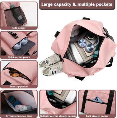 Спортивна сумка для жінок та чоловіків з відділенням для взуття та вологих речей, водонепроникна сумка-вікенд для тренувань, залу, плавання та сауни (рожева)