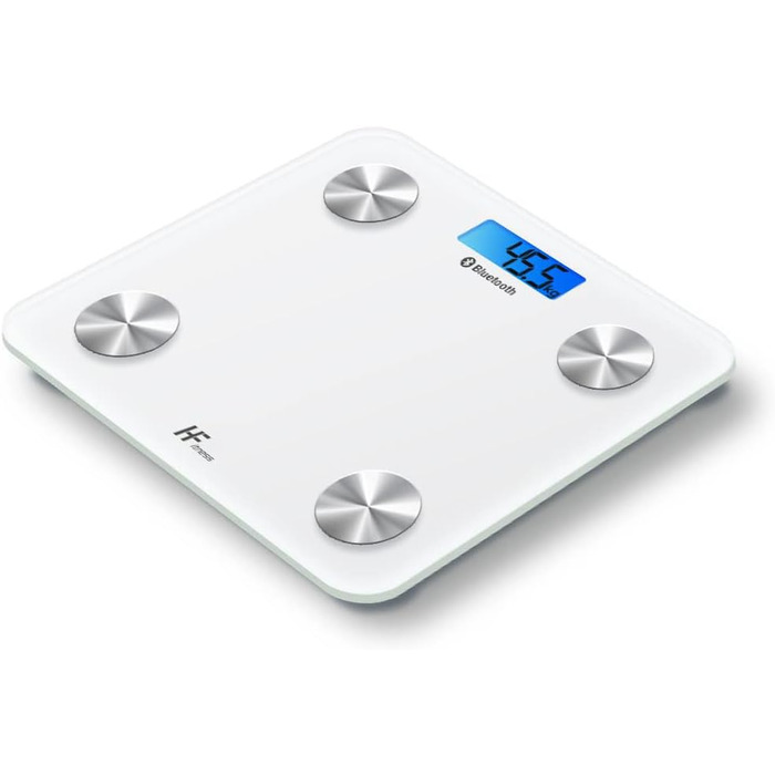 Інтелектуальна вага для тіла HomeFashion HFitness з Bluetooth, вимірювання жиру, BMI, iOS/Android, 28x28 см, білий корпус з блакитною підсвіткою