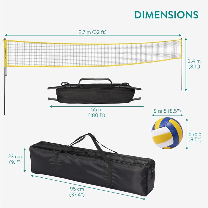 Набір для волейболу Navaris - мережа, м'яч, насос, сумка. Ідеально для пляжного волейболу, саду та тренувань на відкритому повітрі. Легкий монтаж.