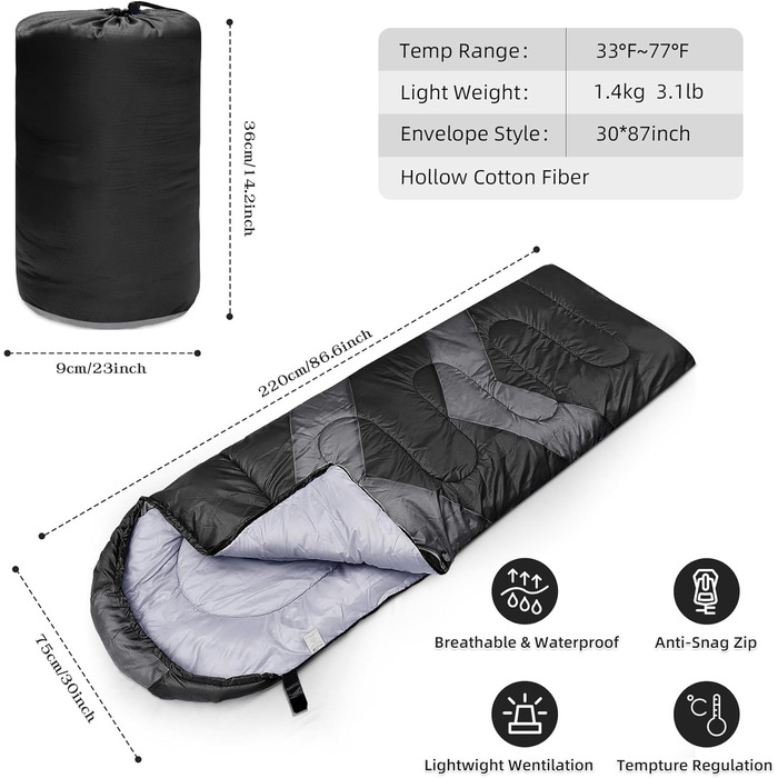 Спальний мішок 3-4 сезони для кемпінгу та відпочинку на природі. Теплий, водонепроникний, легкий спальник для дорослих та дітей. Чорний колір.