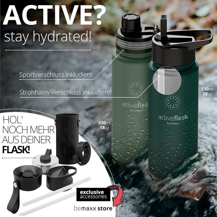 Термос-пляшка з нержавіючої сталі ACTIVE FLASK 950 мл із соломинкою, 3 кришки, без BPA, герметична, для газованих напоїв, для води, спорту, велосипеда, чаю, для дітей, ізоляція, Sage