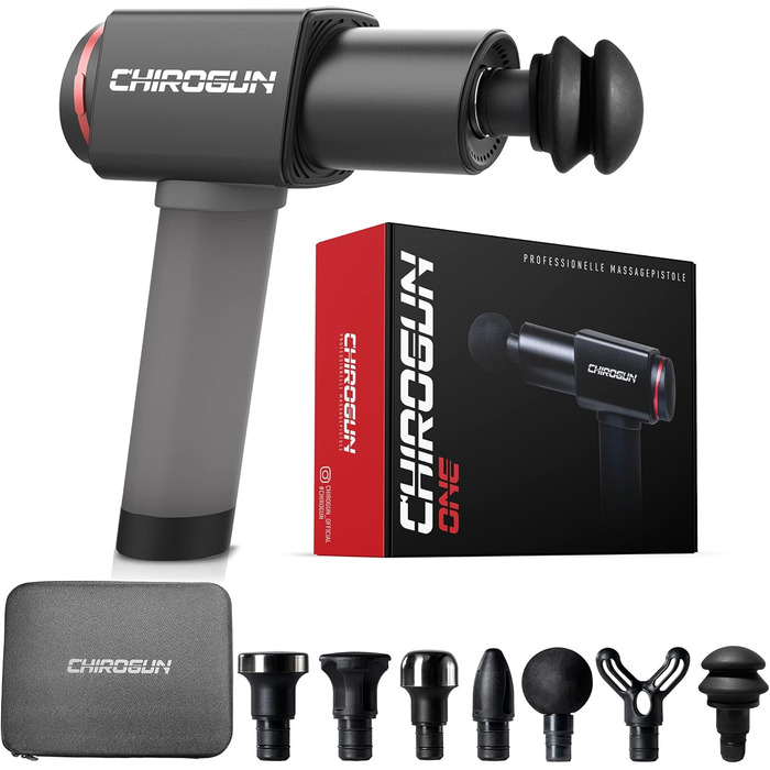 Масажер CHIROGUN® ONE - електричний масажний пістолет з 7 насадками, преміум масажер зі сталі з 6 рівнями інтенсивності, для спини, шиї, плечей, ніг, час роботи акумулятора 7 годин, чорний