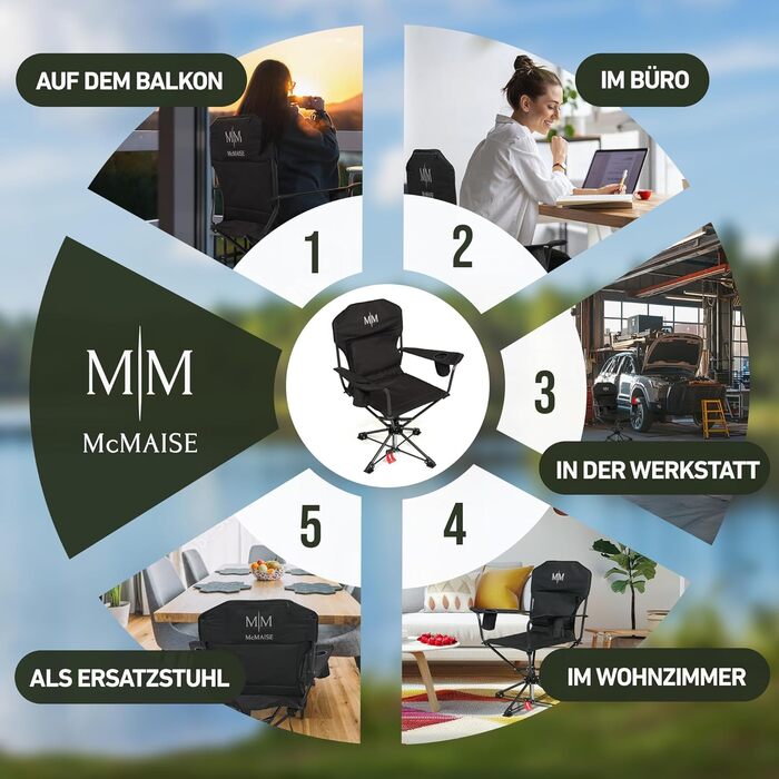 Складний туристичний стілець McMAISE® чорного кольору, до 150 кг, з кишенею для подушки/термосу, 360° обертання