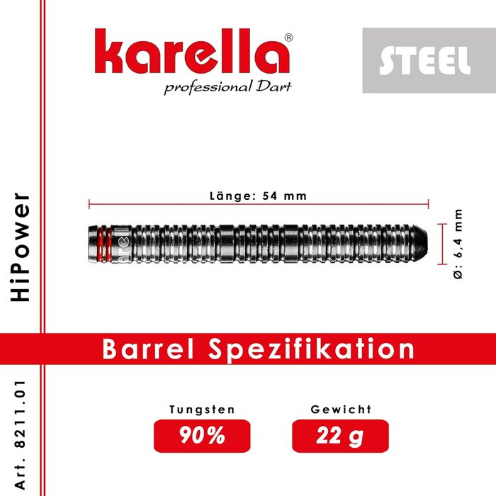 Професійні дротики для дартсу Karella HiPower 90% вольфрам, 22г/24г, металевий наконечник, для класичної дартс-дошки, 3 шт, з оперенням і стержнем