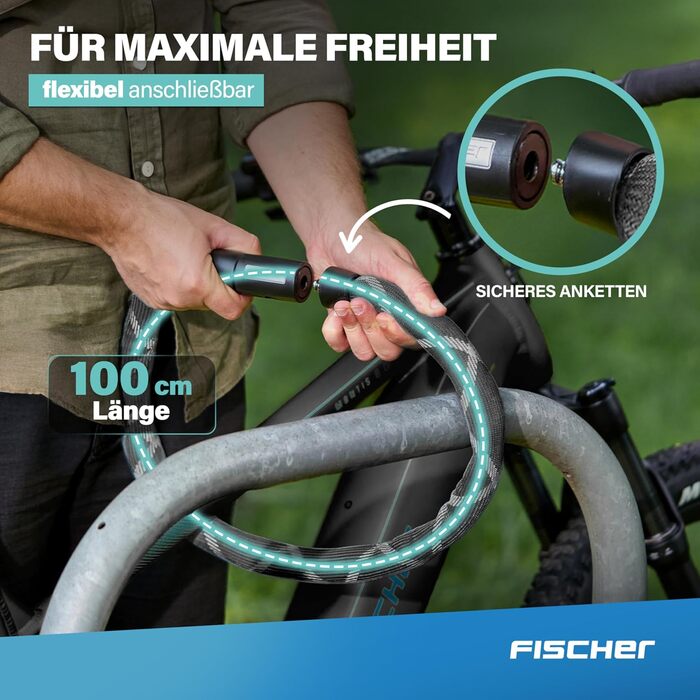 Ланцюговий замок для велосипеда та електровелосипеда FISCHER PROTEC SK100, 100 см, чорний, зі світловідбиваючими нитками, 2 ключі