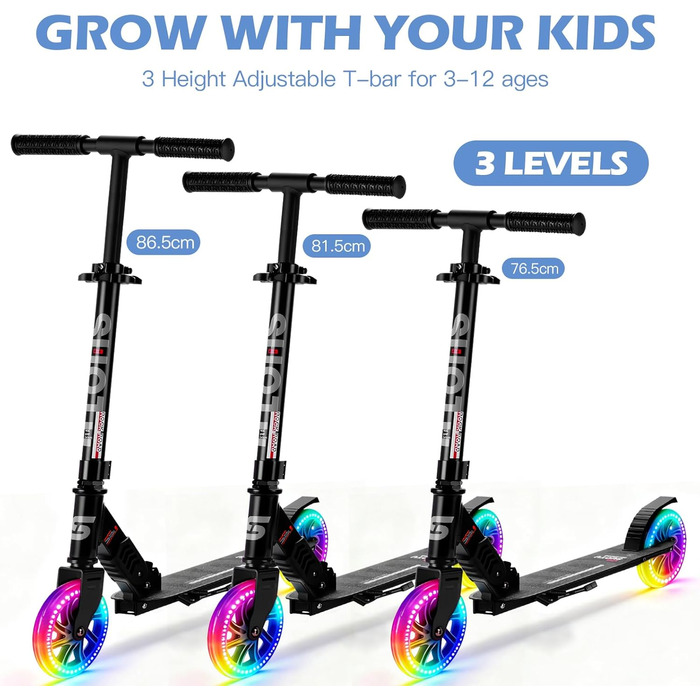 Самокат дитячий SUOTU з колесами 145 мм, до 100 кг, світлодіодами, складаний, регульована висота, для хлопчиків та дівчаток, алюмінієвий, чорний