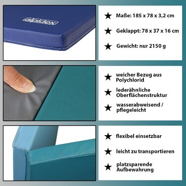 ALPIDEX Килимок для гімнастики та спорту, складаний, 185x78x3.2 см, блакитний, для дітей та дорослих