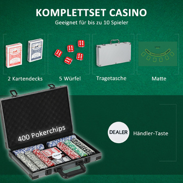 Набір для покеру SPORTNOW Poker Case, повний набір для покеру 400 фішок, 11,5 грам, 2 колоди карт, 5 кубиків, дилерський диск, ігровий килимок, алюмінієвий кейс | Аосом