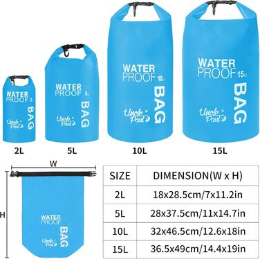 Водонепроникна сумка Uncle Paul 2L - водонепроникні мішки для каякінгу, риболовлі, сплаву, плавання, кемпінгу, каное, серфінгу (5 літрів, блакитний цян)
