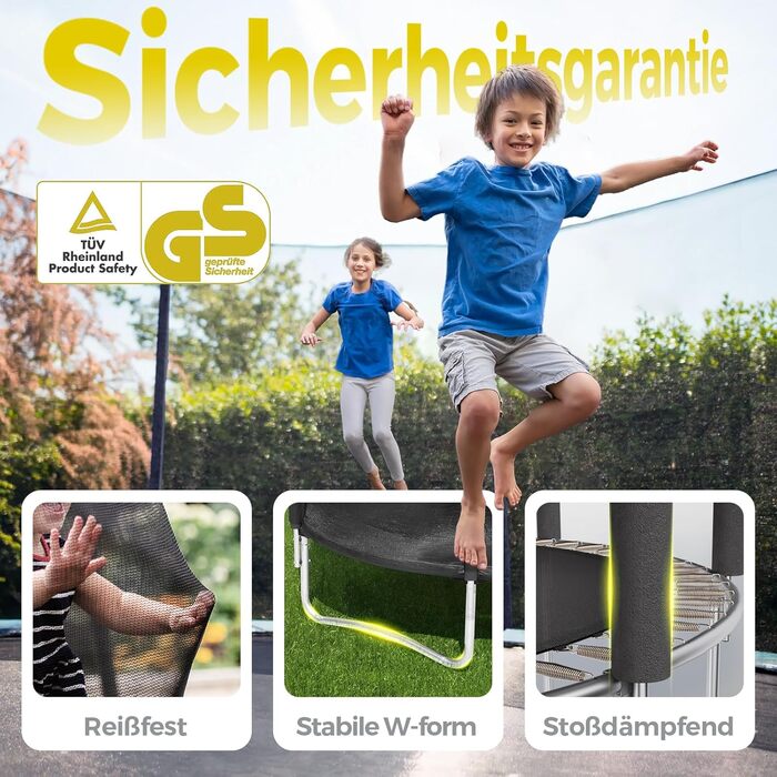 Трамплін Sekey Outdoor Ø 244/305/366 см - сертифікований TÜV Rheinland GS, дитячий, для саду з безпечним мотузковим драбиною, посиленим захисним сіткою та захисним бордюром (Чорний, 366 см/12 футів)