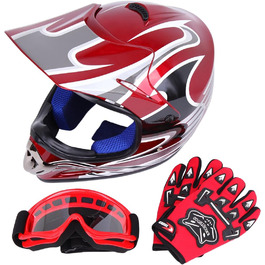 Шолом Samger DOT для дітей та підлітків, Motocross, Off Road, Dirt Bike, ATV, мотоциклетний, комплект з рукавичками та окулярами (L, Червоний)