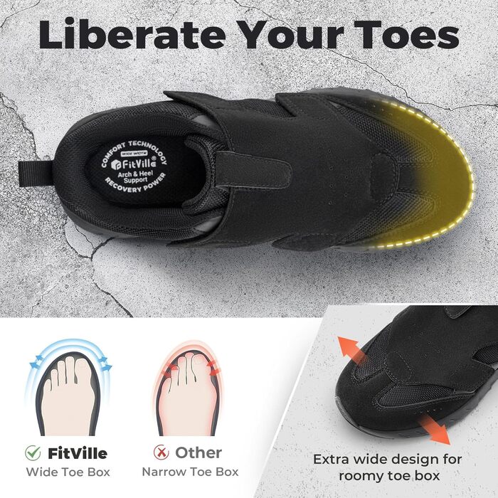 Кросівки для ходьби та бігу FitVille для чоловіків, широкі, спортивні, з клямками, зручні для широкої стопи, ортопедичні, неслизькі, для фітнесу та джогінгу (43 EU, чорний)