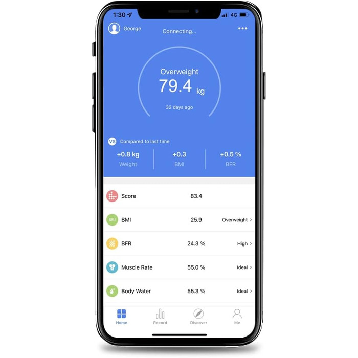 Інтелектуальна вага для тіла з Bluetooth, HFitness, вимірювання жиру, BMI, iOS/Android, чорний колір з блакитною підсвіткою