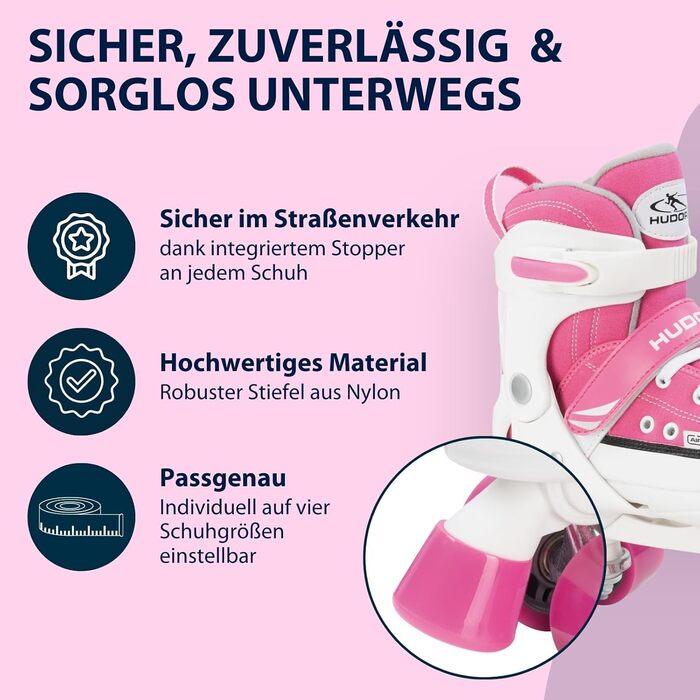 Роликові ковзани Hudora Pink/Schwarz, регульовані, ABEC 3, для дітей та підлітків, 32-35, з нейлоновим черевиком та алюмінієвим шасі