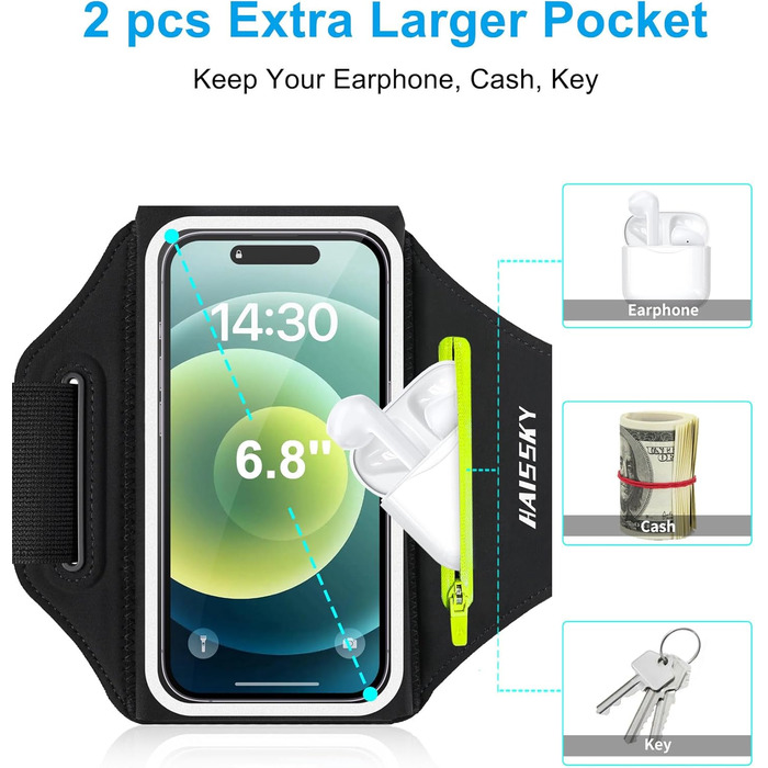 Сумка для телефону на руку для бігу з кишенькою для навушників, ремінець для iPhone 17 16 15 14 13 12 11 Pro Max Galaxy S24 S23 Ultra, чорний (до 6,8 дюймів)