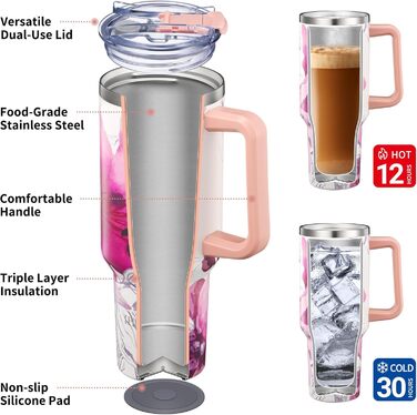 THILY Термопляшка з нержавіючої сталі з кришкою та трубочкою, 1180 мл, спортивна термопляшка з широким горлом, подвійні стінки, зберігає напої холодними або теплими цілий день, колір Лаванда (P40 - Квітка Лотоса, Модель A: Міцний ручка + Компактна основа)