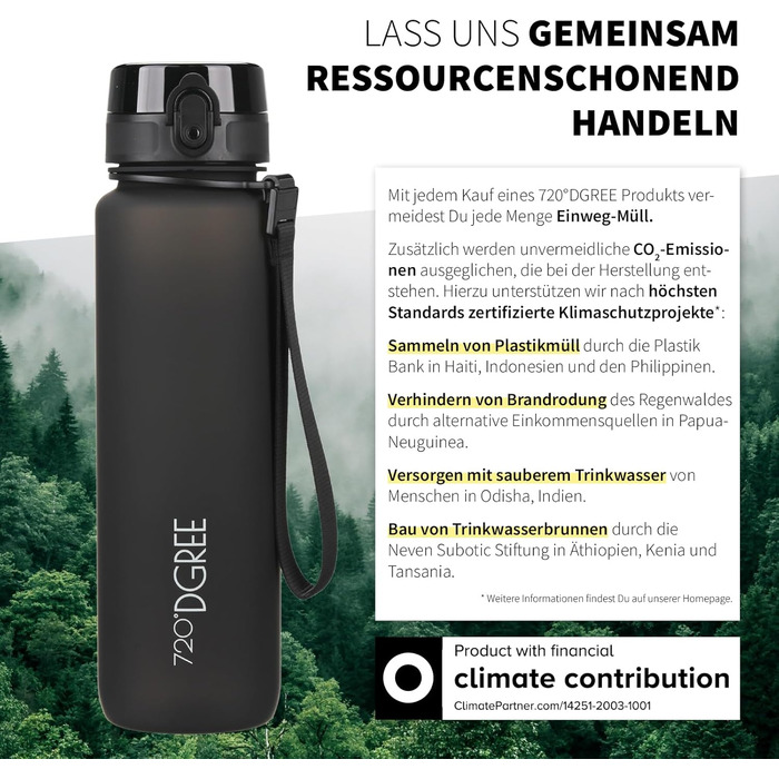 Спортивна пляшка для води 720°DGREE 'uberBottle' 1,5 л з петлею та мотиваційною шкалою, фільтром - не протікає, легка, без BPA - Tritan, для універу, роботи, спорту, фітнесу, тренажерного залу (1000 мл, Чорний онікс)