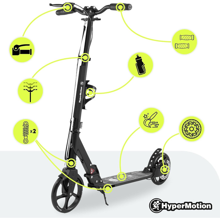 Самокат дитячий та підлітковий HyperMotion Vibe алюмінієвий, до 100 кг, складний, з регульованим кермом, колеса 200 мм, підшипники ABEC-7, чорний з дизайном черепа