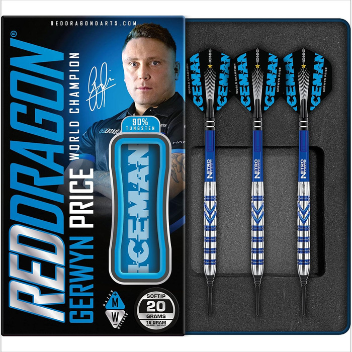 Дротики Red Dragon Gerwyn Price Iceman Originals, вольфрамові, 18 г, з оперенням та стрижнями
