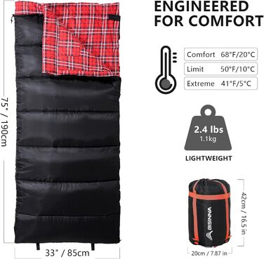 Спальний мішок BISINNA XL з фланелі з бавовни для кемпінгу, 2-3 сезони, дорослий, для походу, кемпінгу, дому та вулиці, з компресійним мішком (Чорний, 1.1 кг)