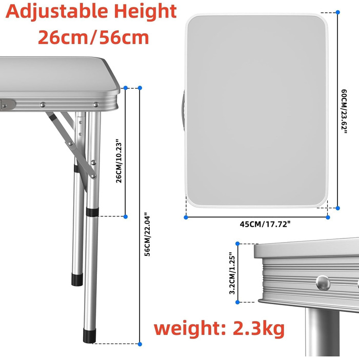 Складаний столик Qimu 60 см, з алюмінію, регульована висота 26/56 см, для саду та пікніка, білий