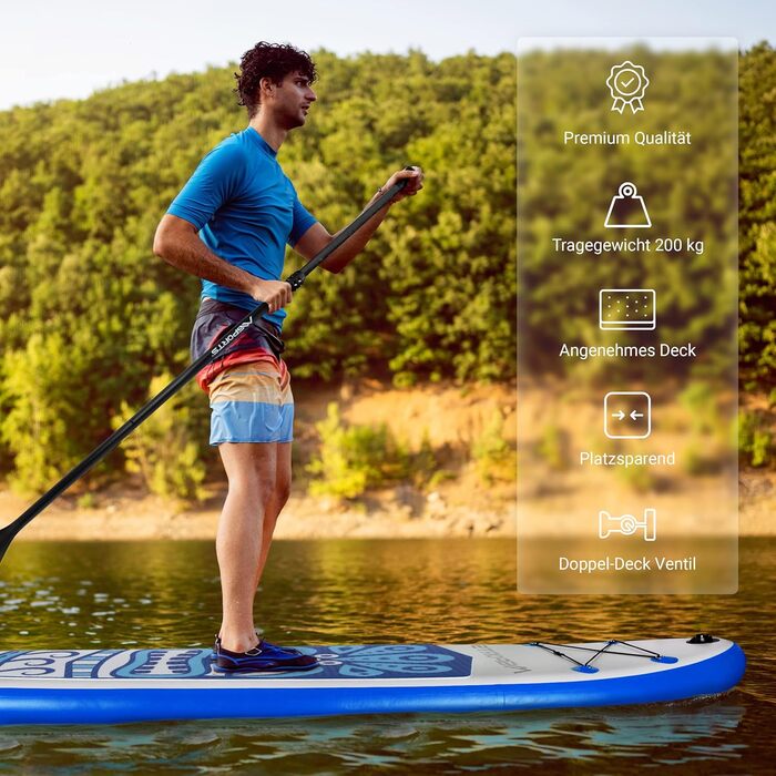 Надувна SUP-дошка MSPORTS з аксесуарами: регульоване весло, помпа, 2 веслових стрижня, водонепроникний чохол для смартфона, багатофункціональна сумка, синя