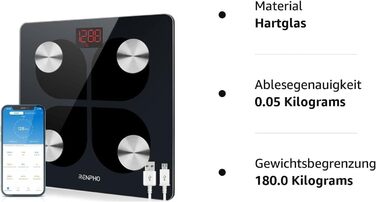 Розумні ваги RENPHO з Bluetooth, USB, аналіз складу тіла, для вимірювання жиру, ІМТ, м'язової маси, води, білка, з додатком, 280 мм