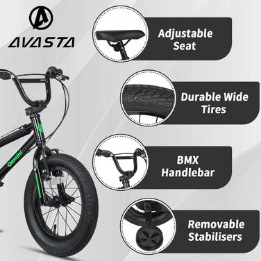 Дитячий велосипед AVASTA BMX 12/14/16 дюймів з бічними колесами та підніжкою, для хлопчиків і дівчаток 1-8 років, різнокольоровий