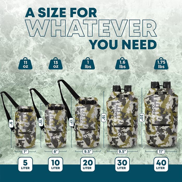 Водонепроникний мішок Earth Pak Dry Bag 10L – міцний рюкзак для каякінгу, кемпінгу, риболовлі та рафтингу (камуфляж, зелений)