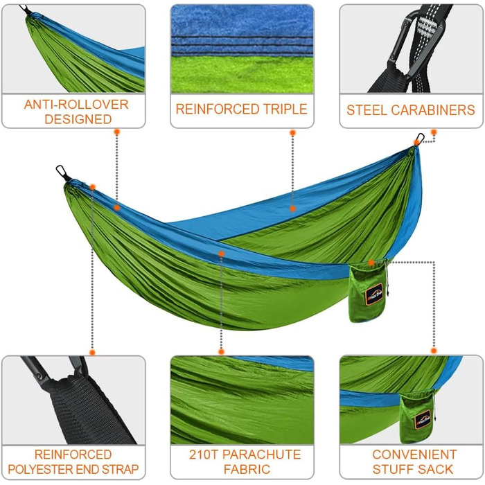 Гамак Anortrek Outdoor для відпочинку на природі, 1 особа, 280x140 см, до 249 кг, ультралегкий, з ременями для дерев, дихаючий, для кемпінгу, подорожей, пікніків (Оливковий/Синій)