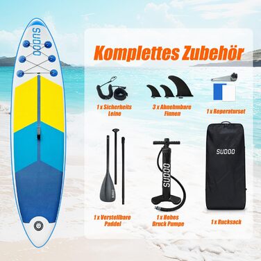 Надувний SUP Борд для вейкбордингу (2+1 особи/сім'ї), Surfboard для дорослих, вантажопідйомність до 150 кг, повний комплект з веслом, плавниками та рюкзаком (SUP20YG-Blue White)