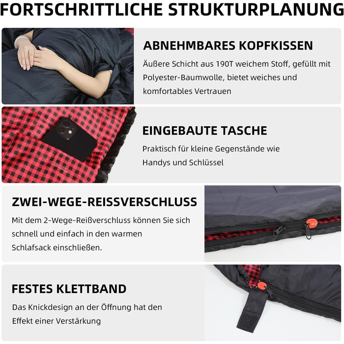 Спальний мішок для дорослих – широкий прямокутний, 3-сезонний з кишенею та сумкою, 300 г/м² бавовна, водонепроникний, для кемпінгу, дому та відпочинку на природі, з блискавкою справа