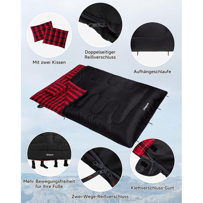 Спальний мішок KingCamp на 2 особи з фланнелю для зими, 3-4 сезони, з подушками, для кемпінгу та відпочинку на природі (чорний)