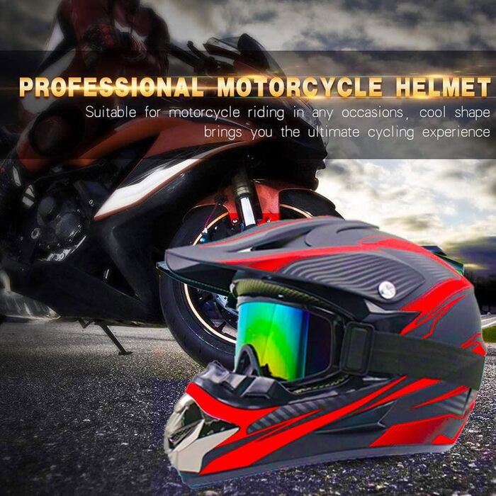 Мотошолом Racing Motocross з окулярами та рукавичками (4 шт.) - комплект для катання на мотоциклі, dirt bike, off-road, для дорослих та дітей, червоні лінії, L (56-57 см)