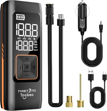Електричний насос Tccbac 12V 7800mAh, портативний компресор 150PSI з LED підсвіткою, манометром та Powerbank для авто, мотоцикла, велосипеда і м'ячів