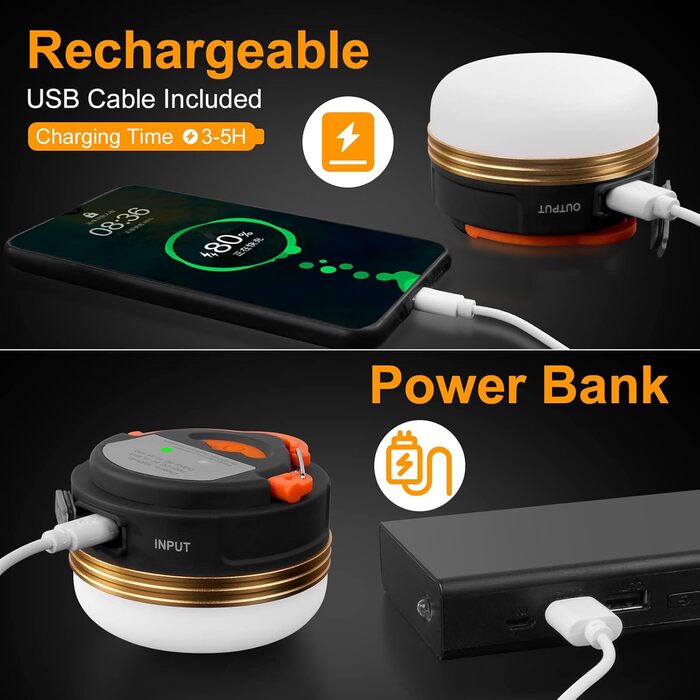 Ліхтар кемпінговий Flintronic LED, 2 шт., USB зарядка, Powerbank 1800mAh, 4 режими, помаранчевий - для походу, риболовлі, аварійного освітлення